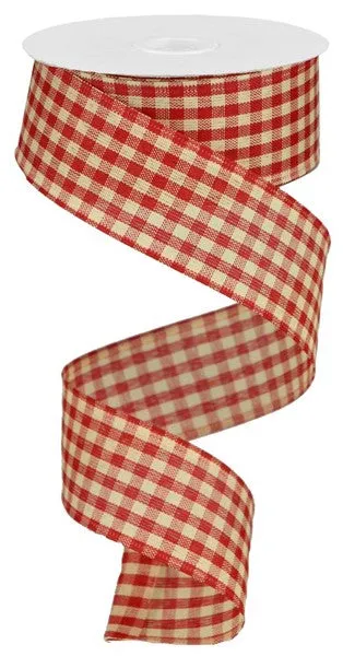 1.5"x10yd Primitive Gingham Check On Linen, Red/Beige  S33