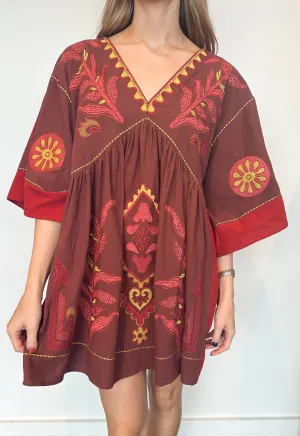 Be Free Embroidered Dress - Crimson/Gold