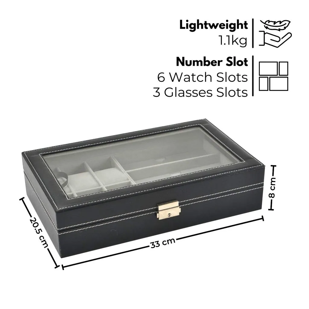 Black 6-Slot Watch & 3-Slot Glasses Box with Display Window