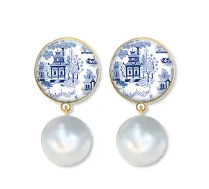 Blue and White Chinoiserie Earrings, Many Styles, Silver or Gold