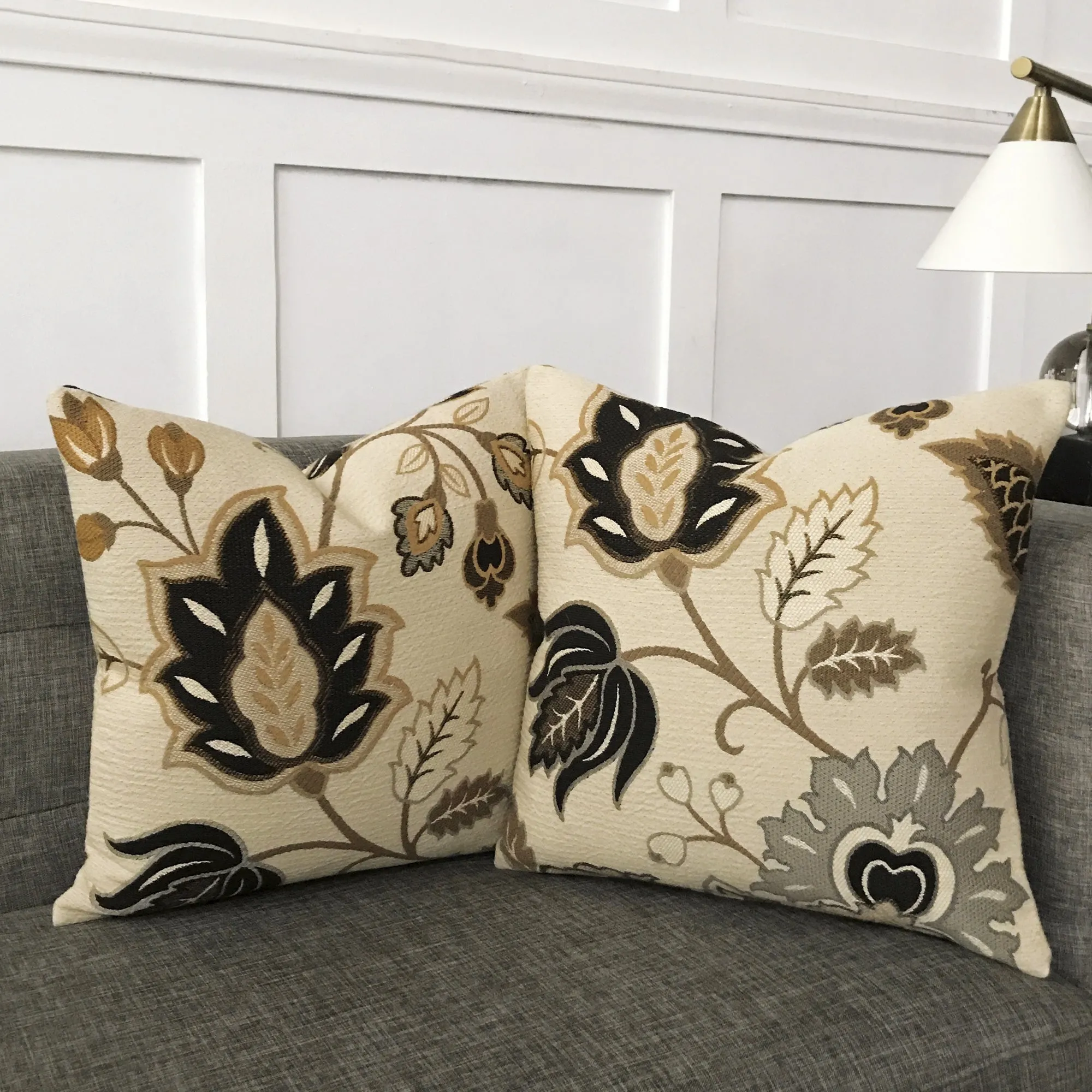 Bronze Floral Embroidered Throw Pillow Cover