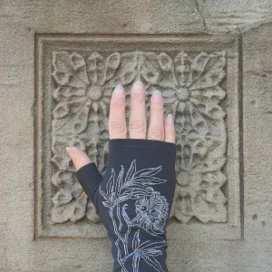 Charcoal peony printed merino fingerless gloves