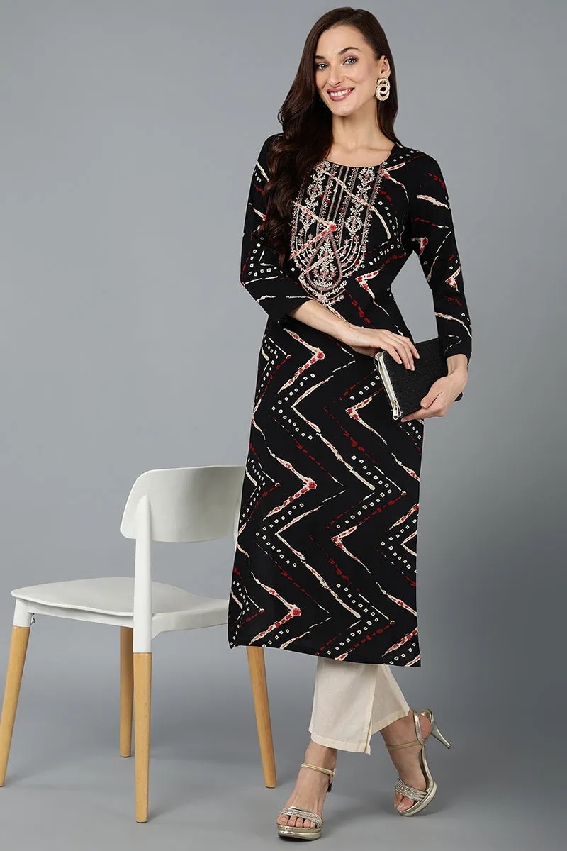 Cotton Blend Black Printed Straight Kurta