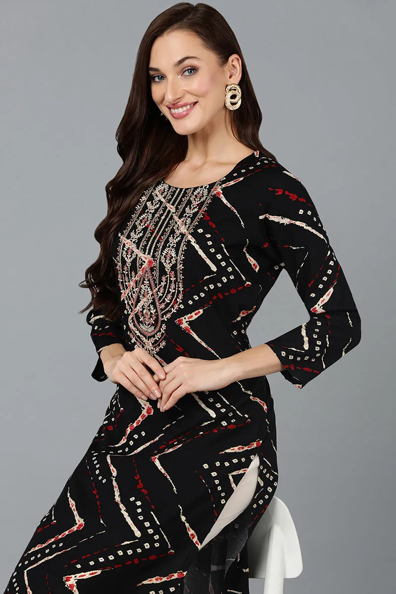 Cotton Blend Black Printed Straight Kurta