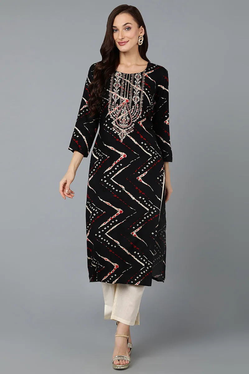 Cotton Blend Black Printed Straight Kurta