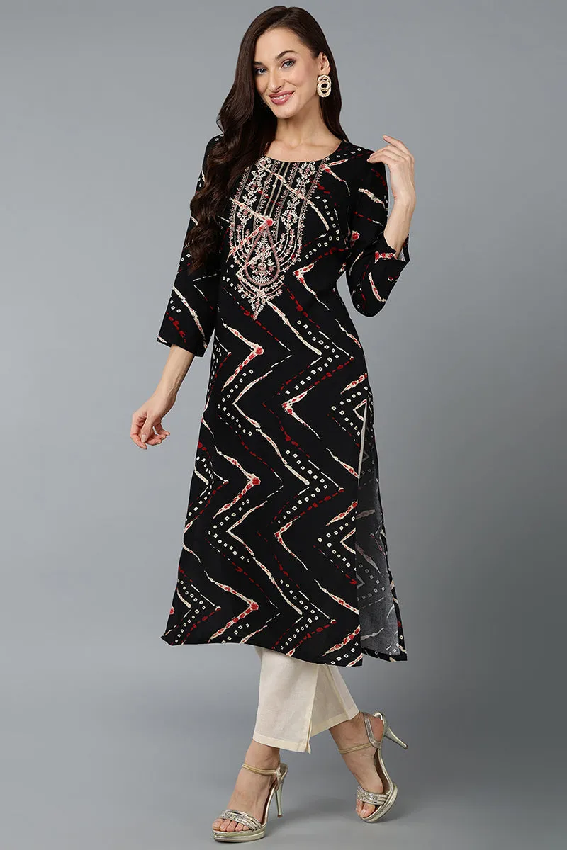 Cotton Blend Black Printed Straight Kurta