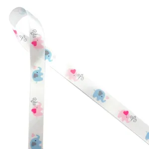 Elephants in a Row Ribbon Pink and Blue printed on 5/8" white single face satin