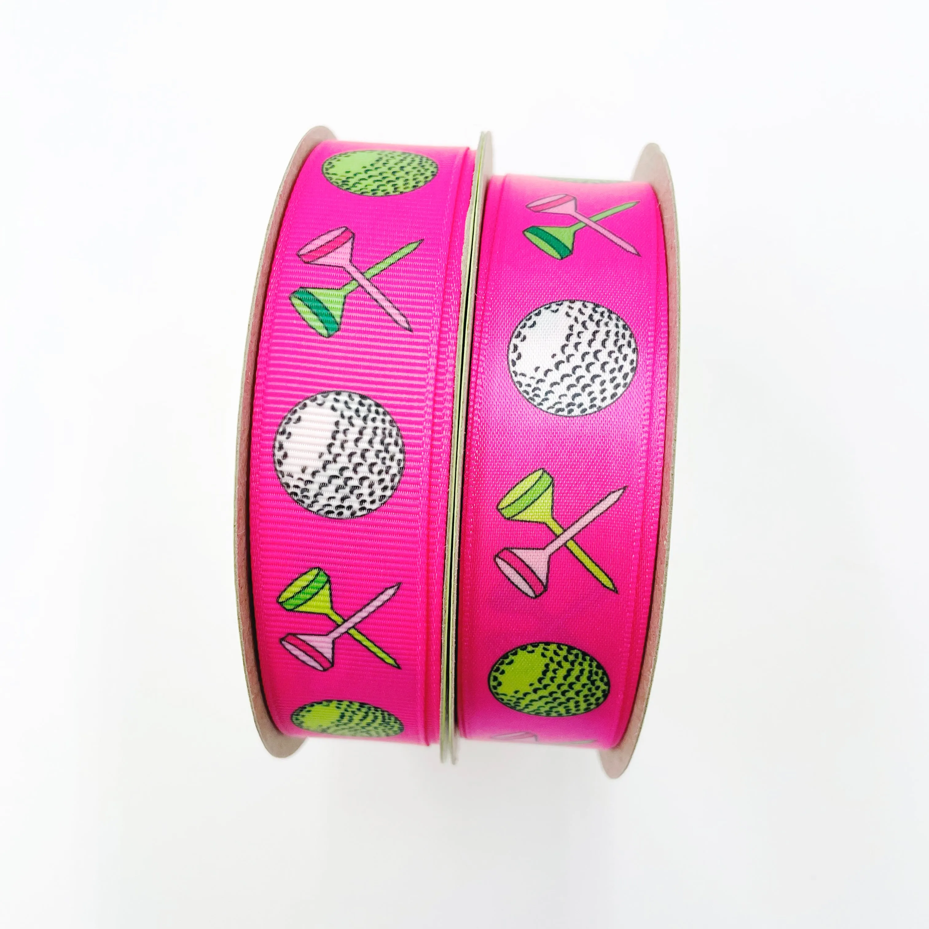 Golf ribbon Women's golf featuring golf balls and crossed tees on a hot pink background printed on 7/8" white grosgrain or white satin