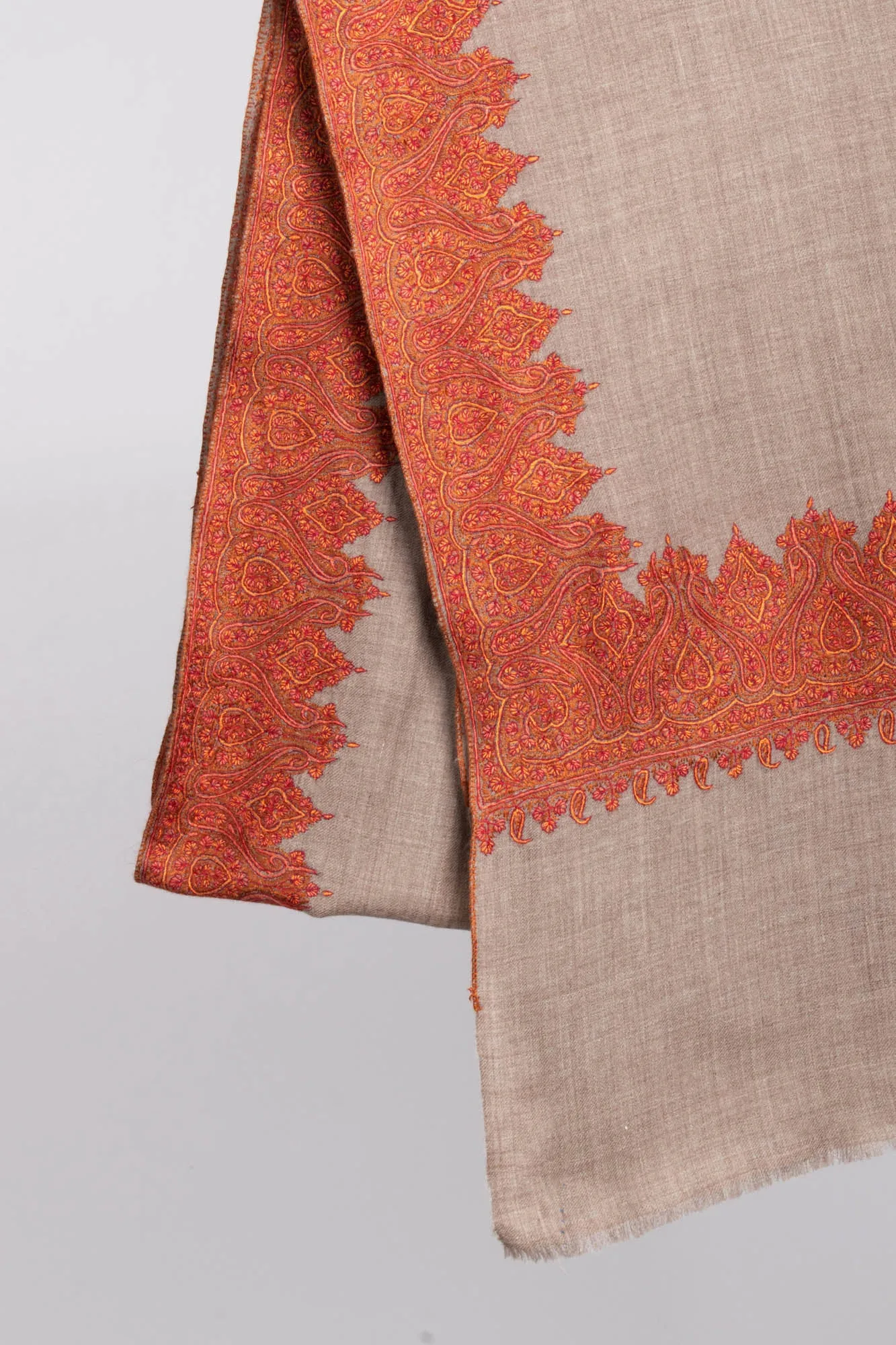 Grey Indian Pashmina Shawl with Orange Embroidery