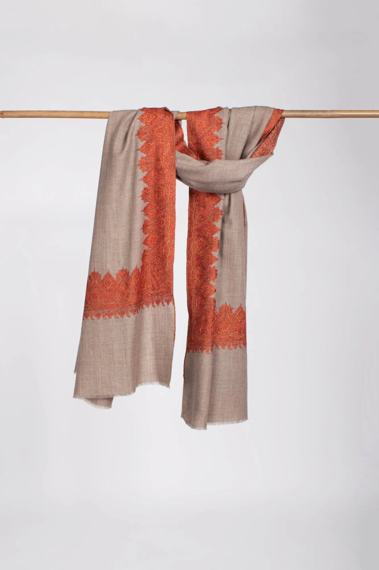 Grey Indian Pashmina Shawl with Orange Embroidery