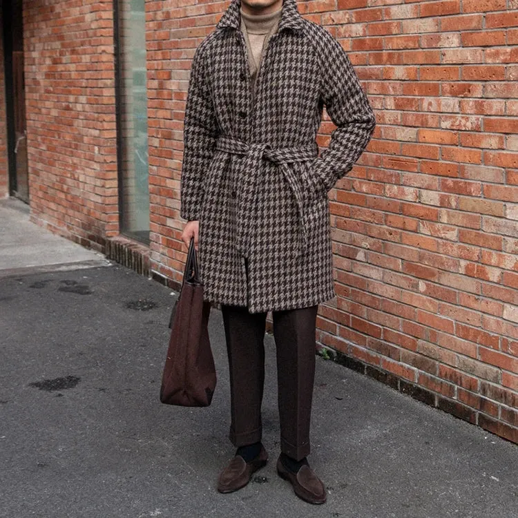 Men's Houndstooth Balmacaan Wool Coat Coffee