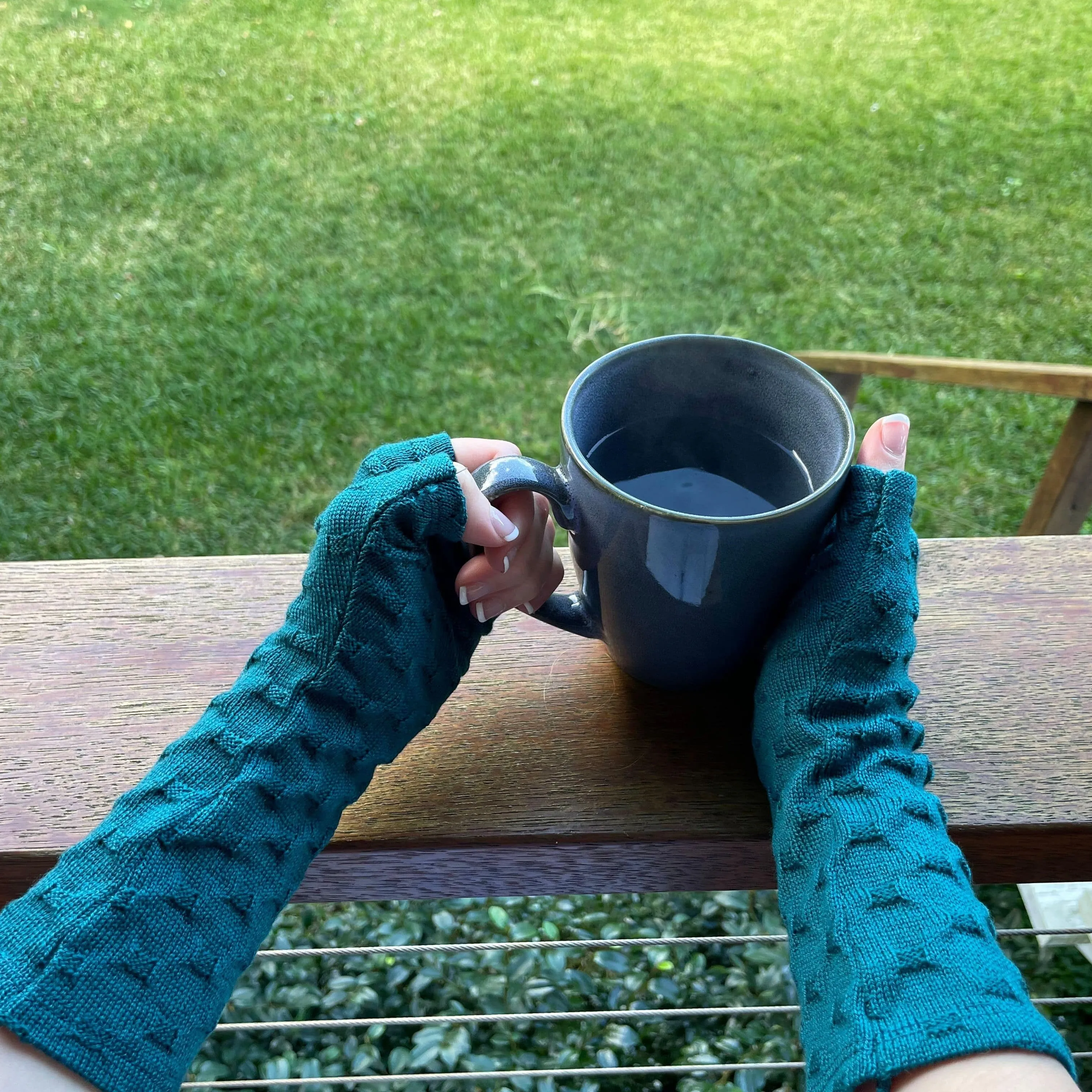 Merino Wool Gloves - Teal Cross Textured