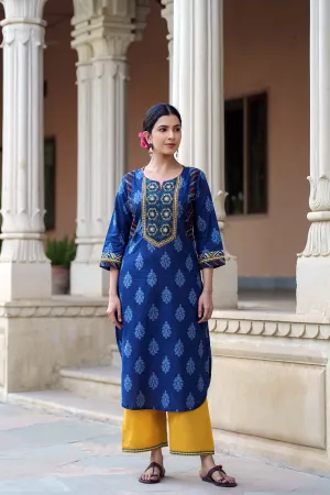 Navy Blue Pathani Style Kurta In Cotton