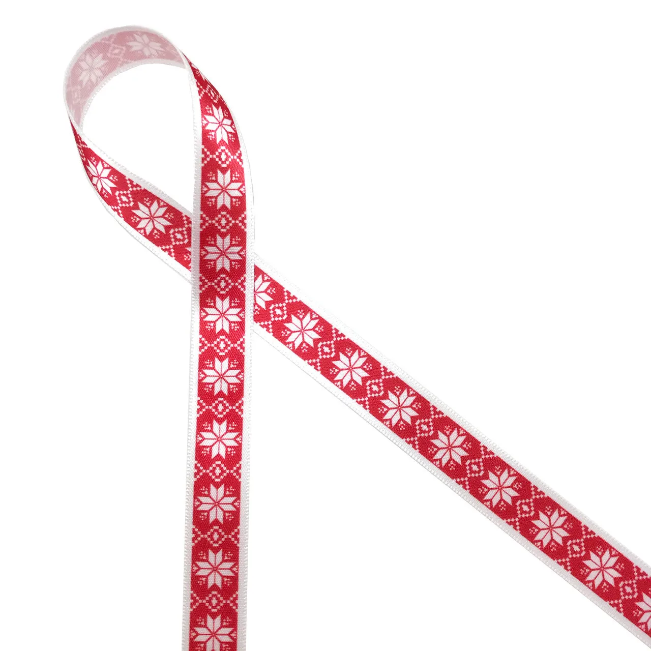 Nordic Design snowflake ribbon on a red background printed on 5/8" white single face satin