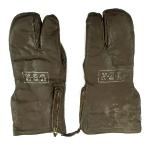 Original WWII U.S. Navy Air Crew Leather Flying Mitten Gloves - Marked U-S-N