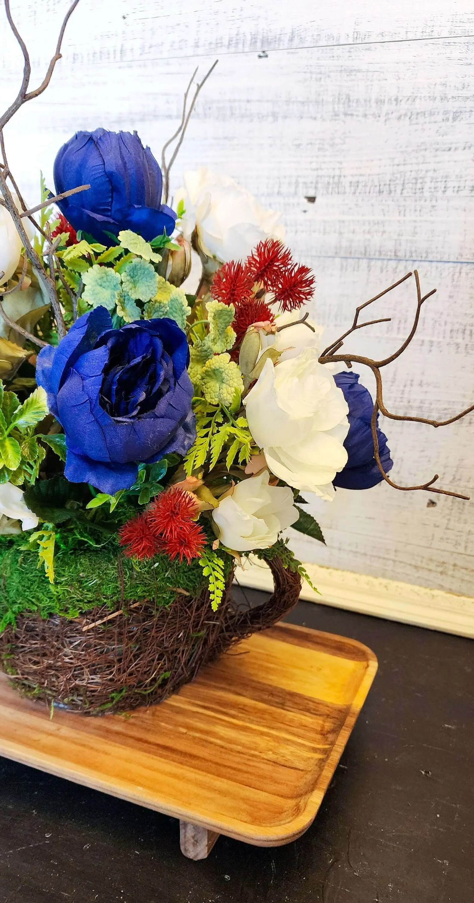 Patriotic Watering Can Floral Arrangement - Red, White & Blue Centerpiece for 4th of July