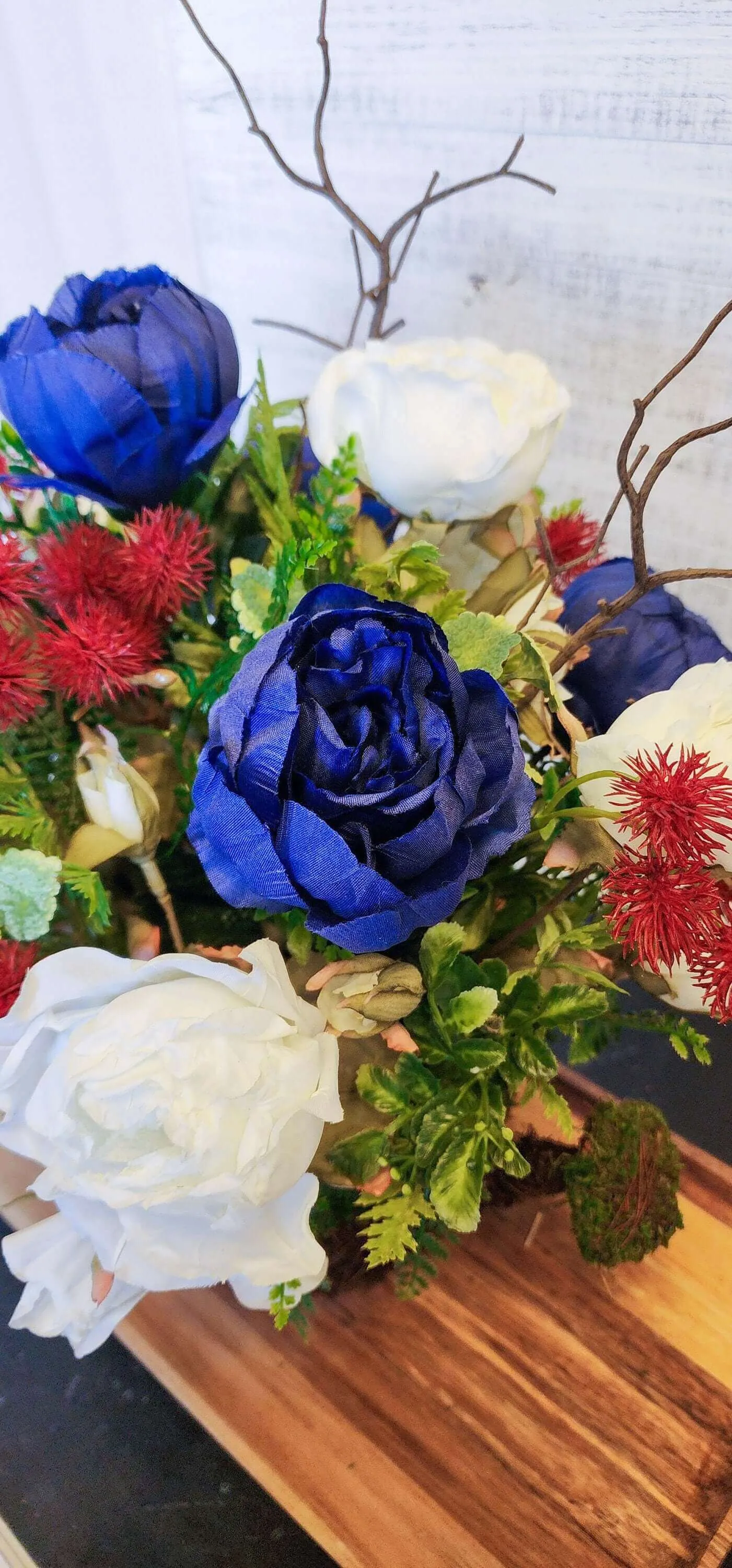 Patriotic Watering Can Floral Arrangement - Red, White & Blue Centerpiece for 4th of July