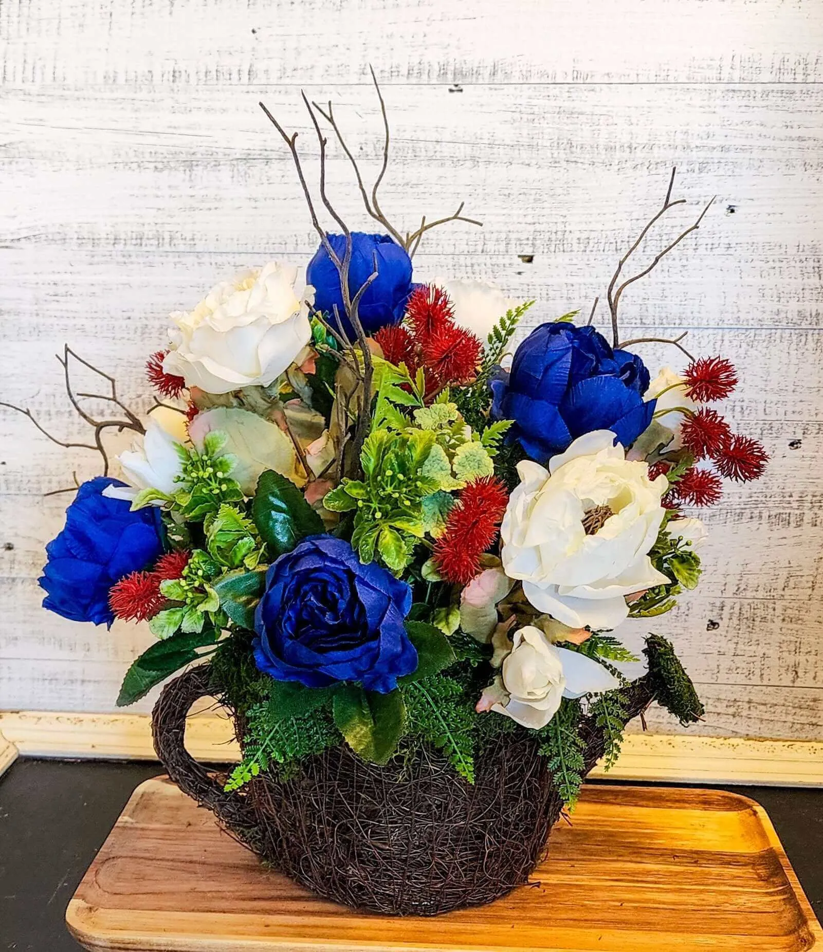 Patriotic Watering Can Floral Arrangement - Red, White & Blue Centerpiece for 4th of July