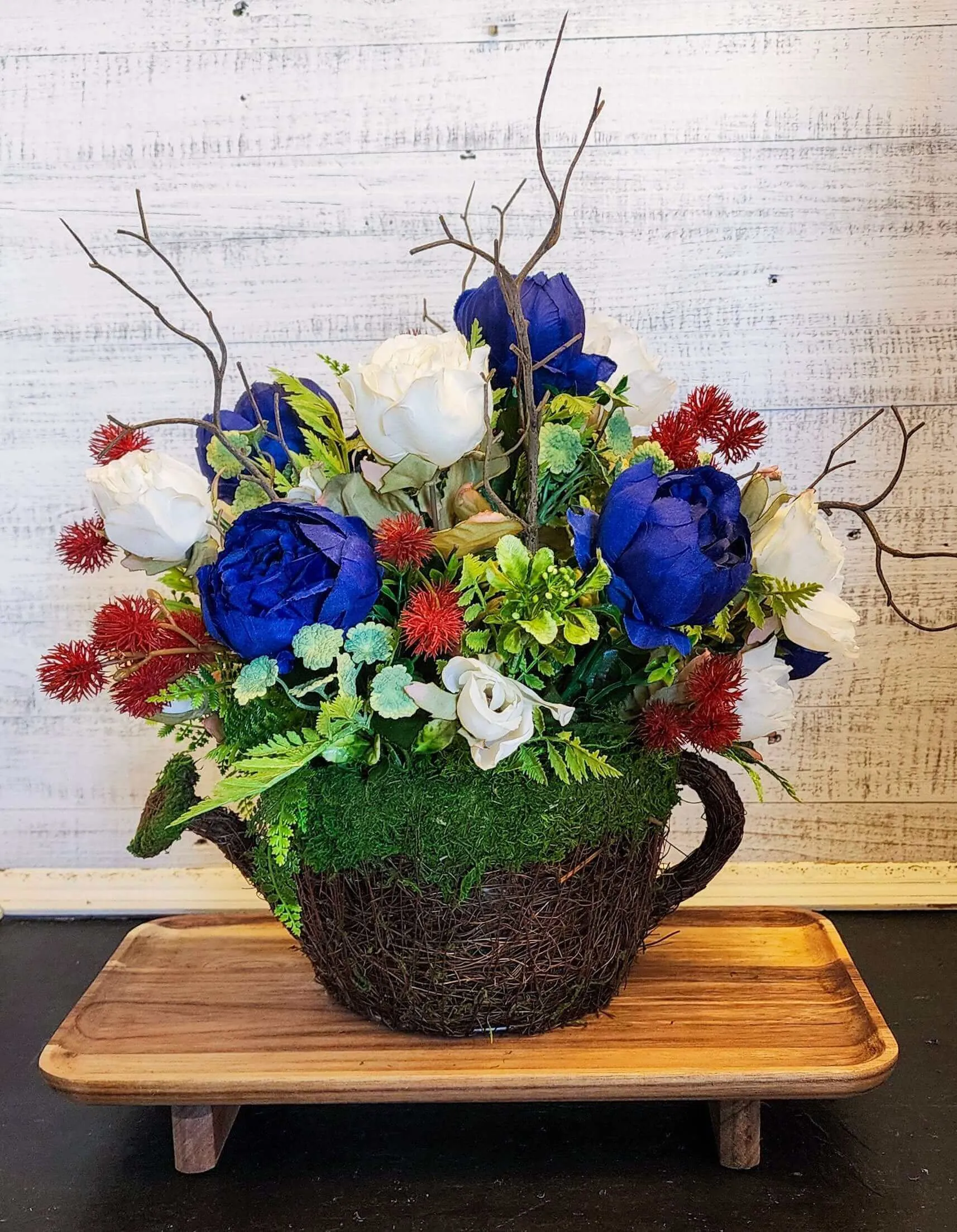 Patriotic Watering Can Floral Arrangement - Red, White & Blue Centerpiece for 4th of July