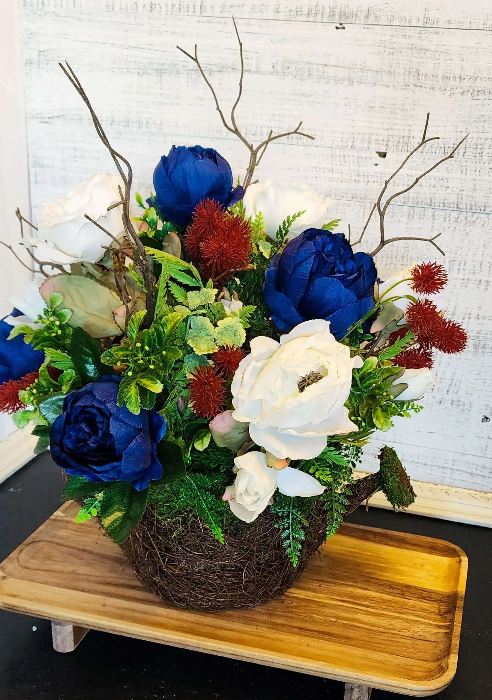 Patriotic Watering Can Floral Arrangement - Red, White & Blue Centerpiece for 4th of July