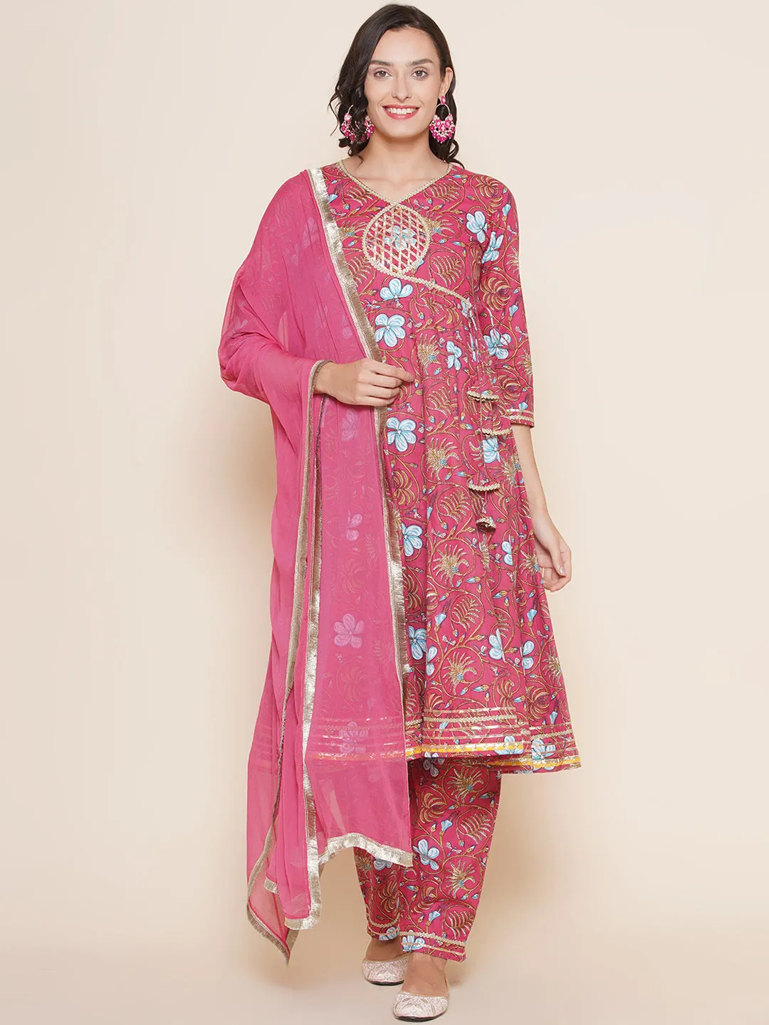 Pink Floral Printed Gotta Detailing Flared Anarkali Kurta & Pink Multi Printed Pant with Dupatta