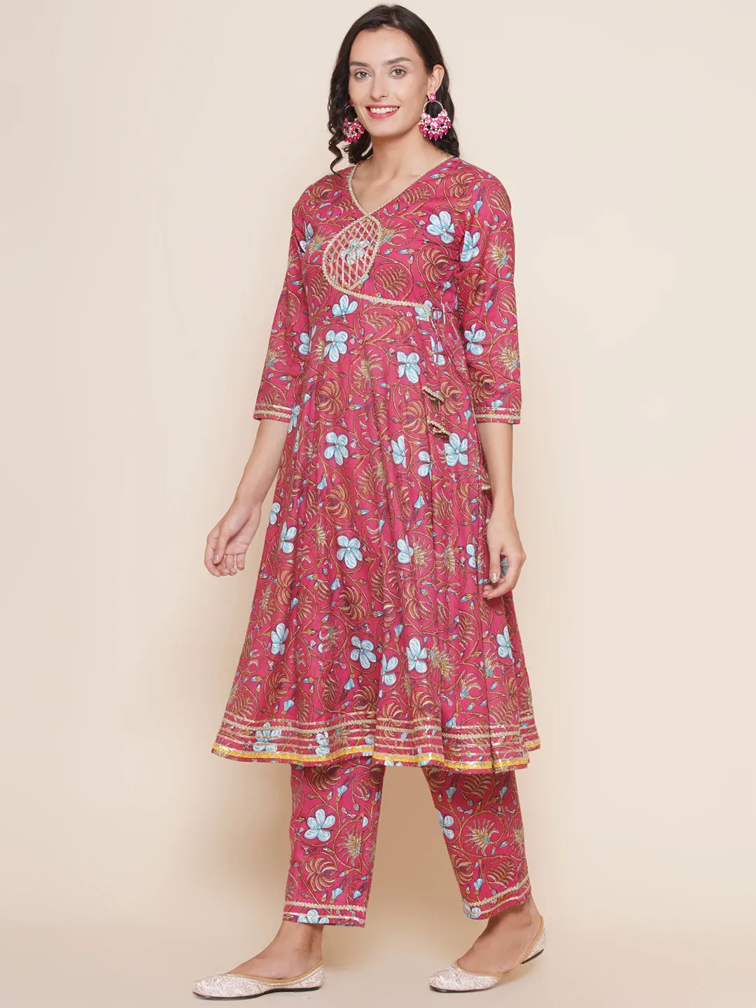 Pink Floral Printed Gotta Detailing Flared Anarkali Kurta & Pink Multi Printed Pant with Dupatta