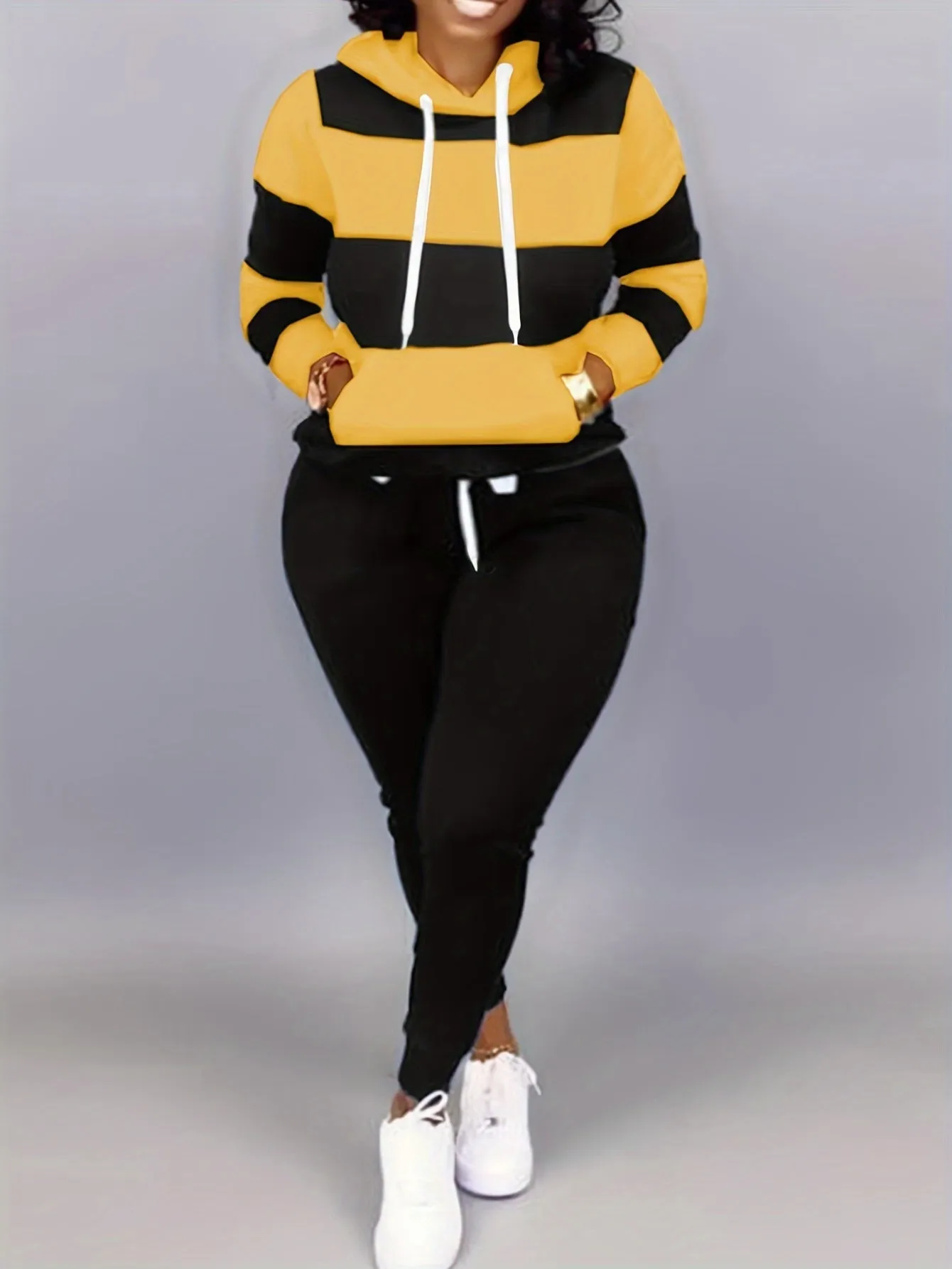 Plus Size Two-Piece Set - Colorblock Stripe Print Hoodie Sweatshirt & Joggers Ensemble for Casual Style