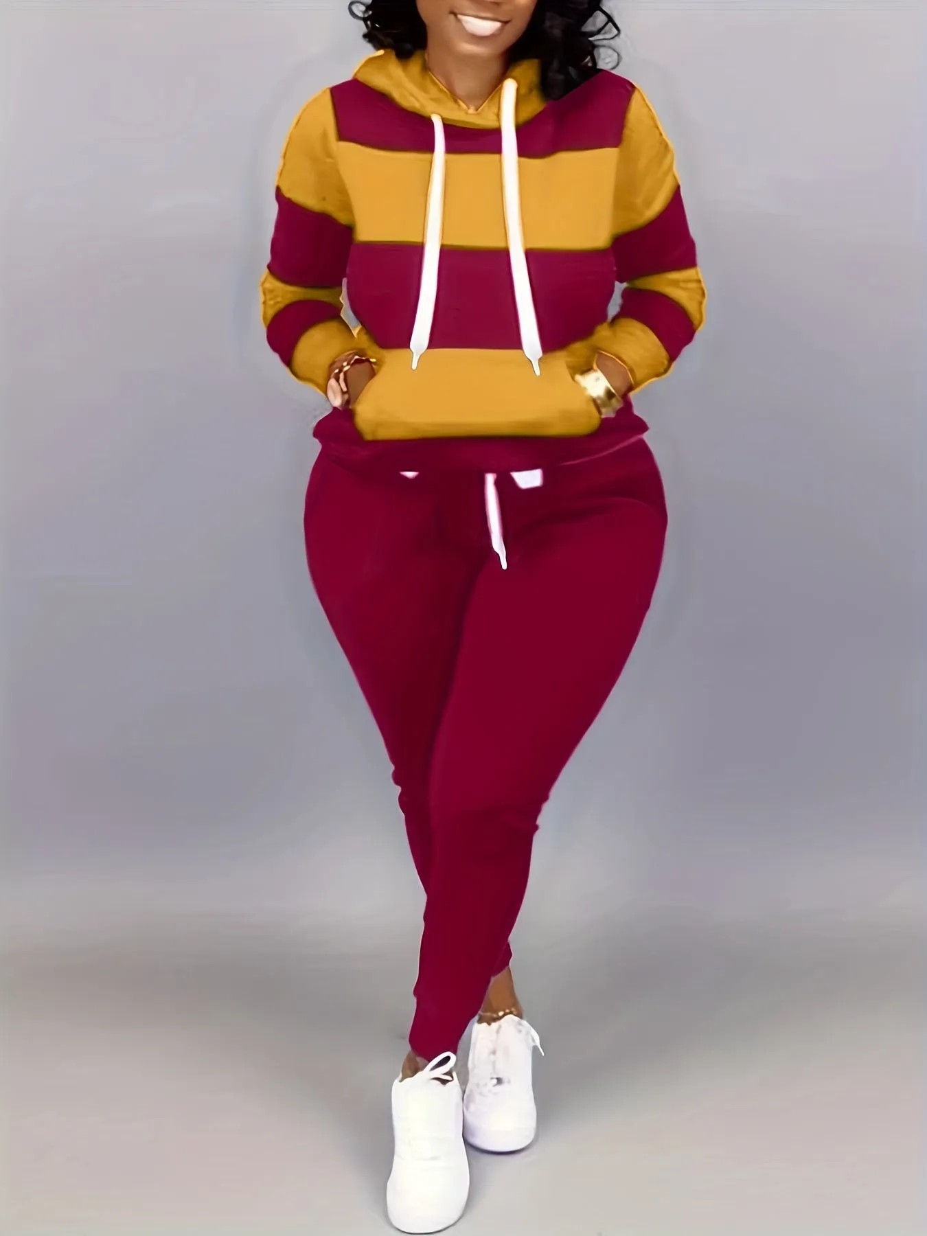 Plus Size Two-Piece Set - Colorblock Stripe Print Hoodie Sweatshirt & Joggers Ensemble for Casual Style