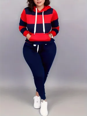 Plus Size Two-Piece Set - Colorblock Stripe Print Hoodie Sweatshirt & Joggers Ensemble for Casual Style