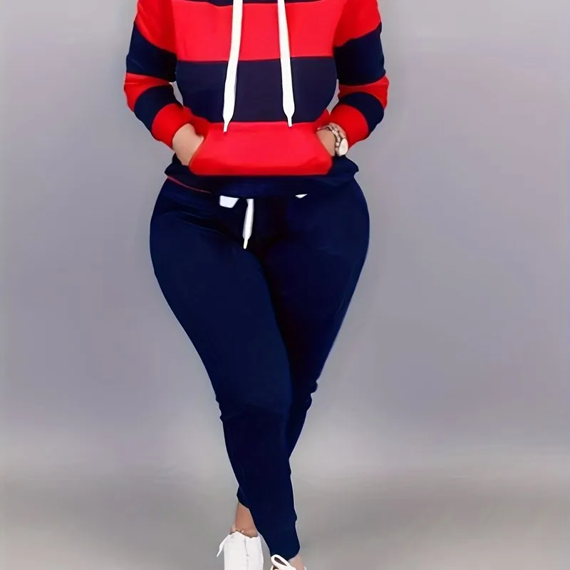 Plus Size Two-Piece Set - Colorblock Stripe Print Hoodie Sweatshirt & Joggers Ensemble for Casual Style