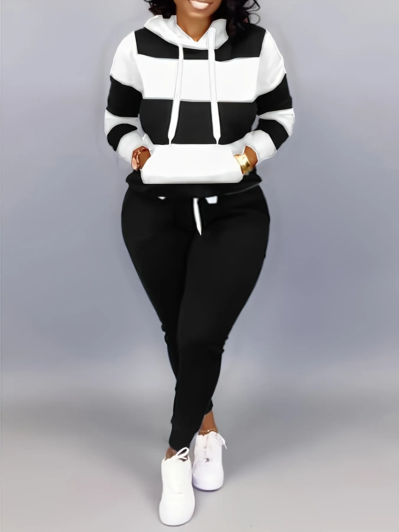 Plus Size Two-Piece Set - Colorblock Stripe Print Hoodie Sweatshirt & Joggers Ensemble for Casual Style