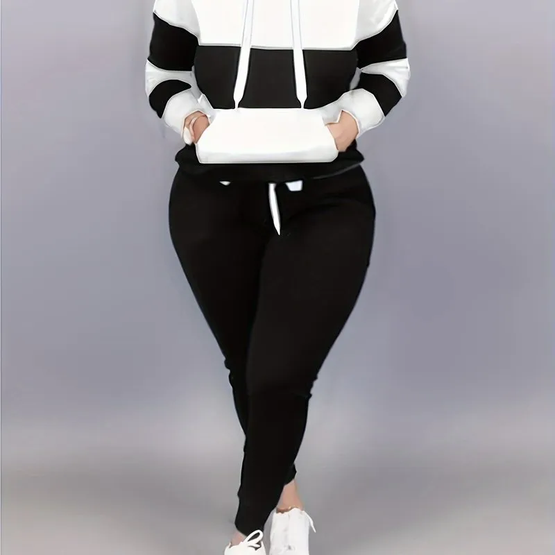 Plus Size Two-Piece Set - Colorblock Stripe Print Hoodie Sweatshirt & Joggers Ensemble for Casual Style