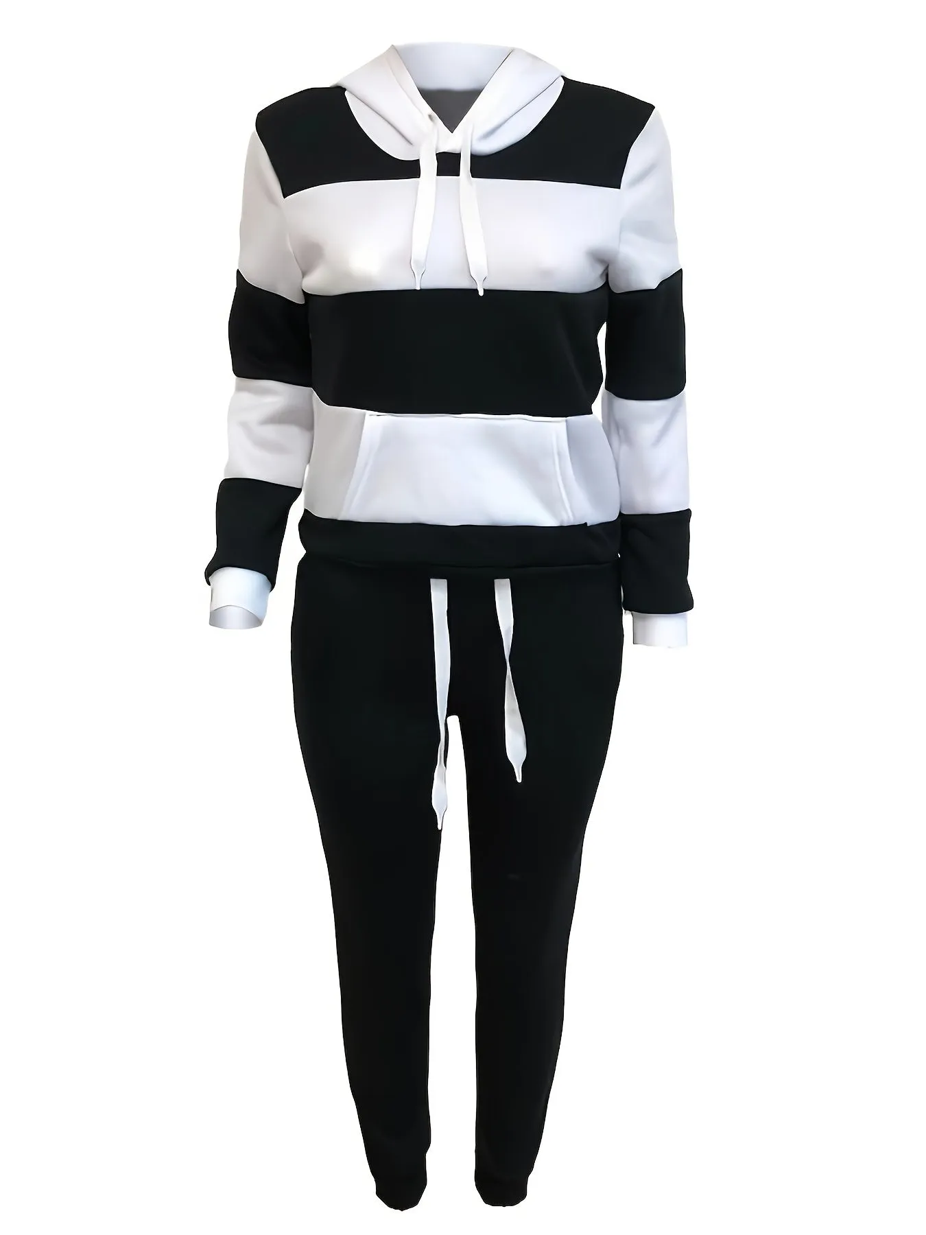 Plus Size Two-Piece Set - Colorblock Stripe Print Hoodie Sweatshirt & Joggers Ensemble for Casual Style