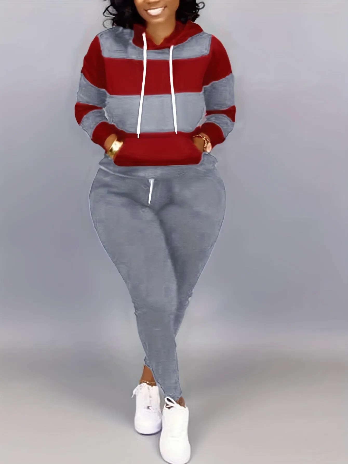 Plus Size Two-Piece Set - Colorblock Stripe Print Hoodie Sweatshirt & Joggers Ensemble for Casual Style