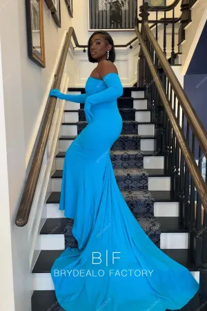 Simple Off Shoulder Blue Long Train Mermaid Elastic Formal Dress