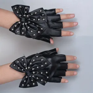 Stylish Rivet Bow PU Leather Half Finger Gloves for Women