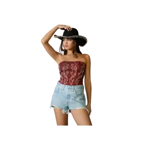 Tic Toc Women's Embroidered Western Corset Dark Red Top