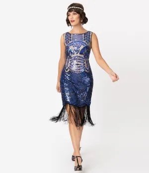 Unique Vintage Beige & Royal Blue Sequin Rouen Fringe Flapper Dress