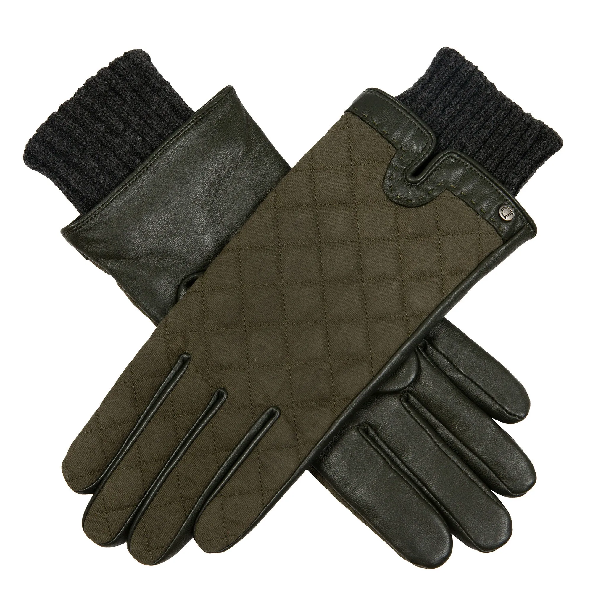 Women’s Touchscreen Water Resistant Lined Waxed Cotton and Leather Gloves with Knitted Cuffs