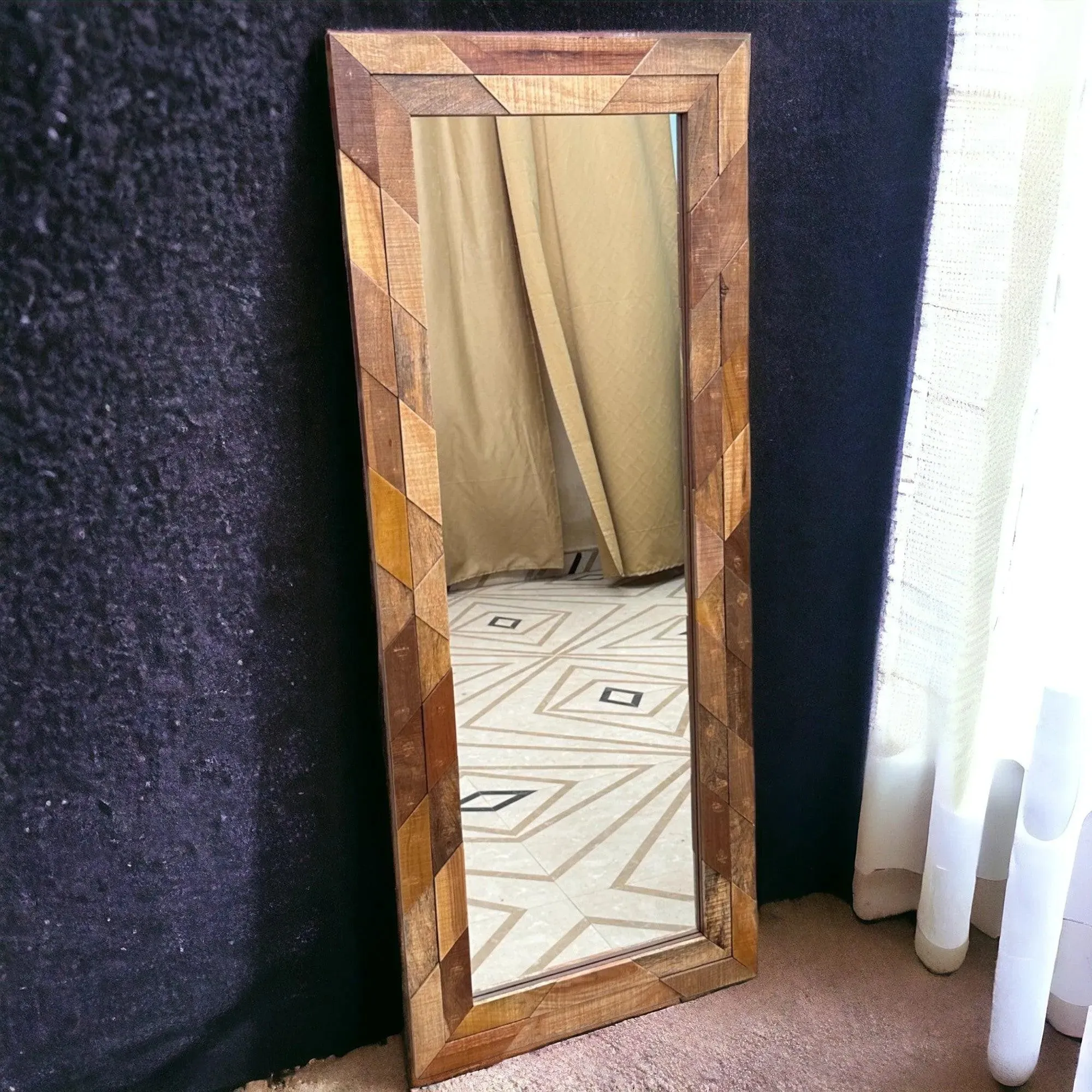 Wooden Twist Nuzzle Traditional Rectangular Hand-Carved Mango Wood Decorative Wall Standing Frame Mirror (72 x 24 inch)